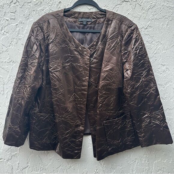 Lafayette 148 New York Jackets & Blazers - LAFAYETTE 148 Jacket Women Size 20 Crushed Crinkle Collarless Pockets Brown